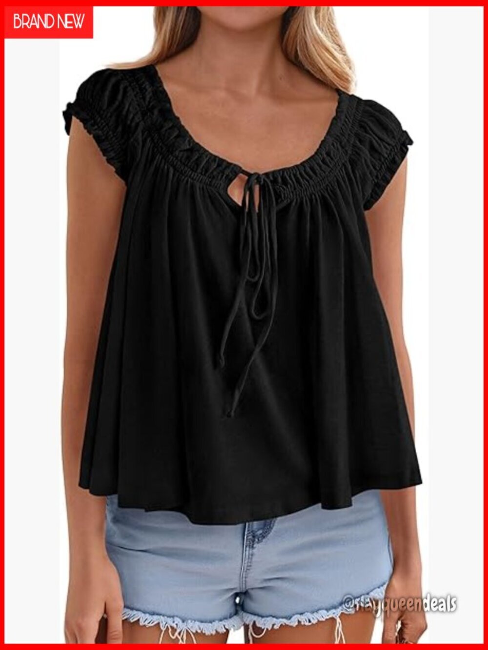 Flowy Babydoll Tank Top with Cap Sleeves Tie Front Peplum Blouse